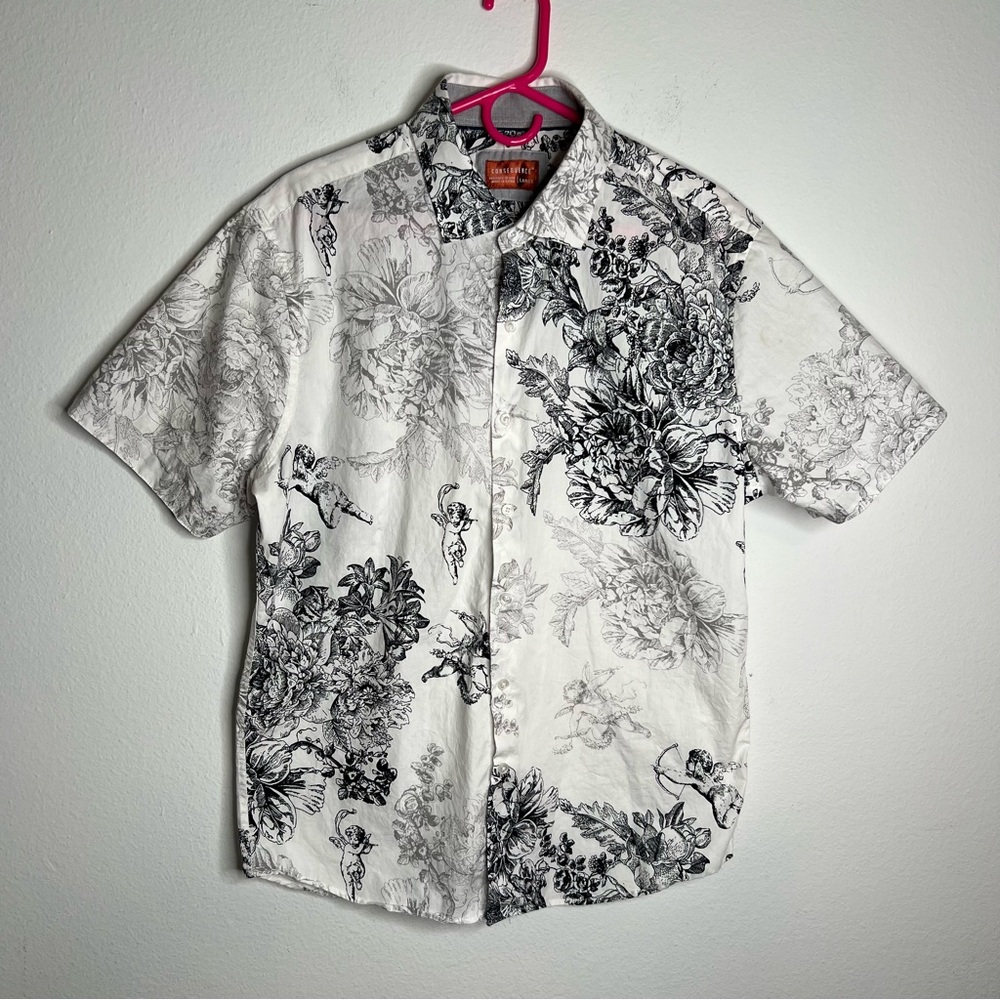 CONSEQUENCE Men's Shirt L White Black Floral Cotton Short Sleeve Button-Up